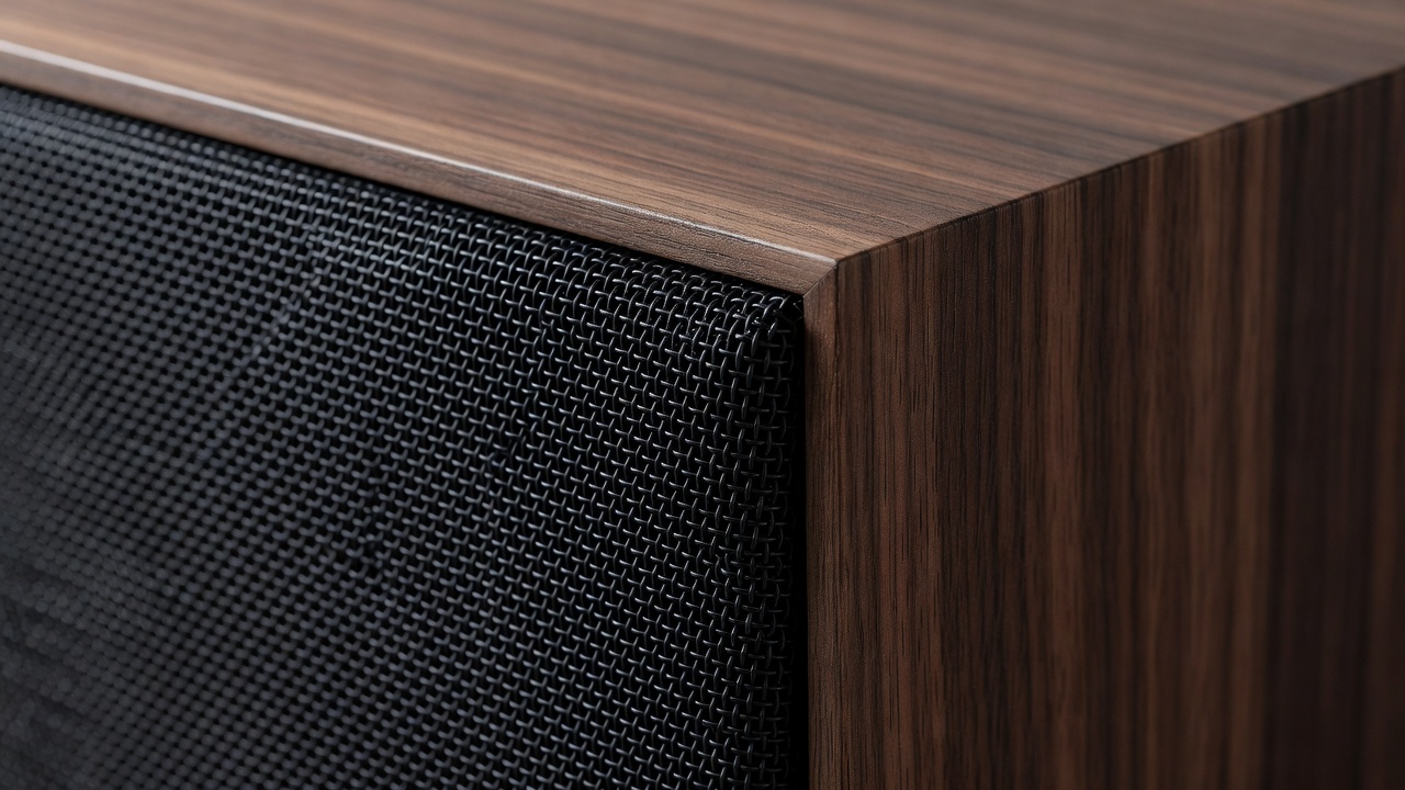 Close detail of a speaker grille and cabinet edge with space around the enclosure